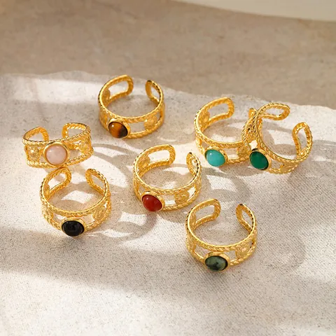 Vintage Stainless Steel 18K Gold Plated Open Ring For Women Bohemian Braided Adjustable Natural Stone Finger Ring Jewelry