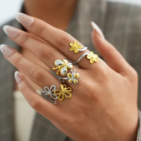 Mode 304 Edelstahl Offener Ring Verstellbar Bicolor Gold Silber Blume Schmetterling Design Statement Fingerring Schmuck Für Damen Geschenk
