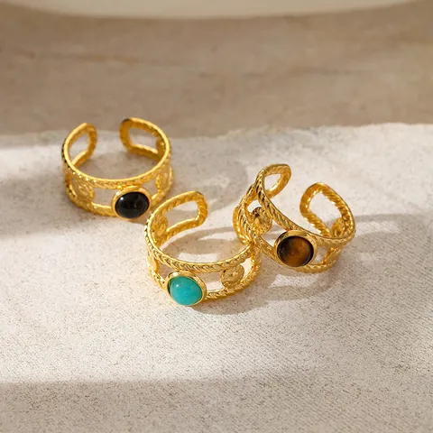 Vintage Stainless Steel 18K Gold Plated Open Ring For Women Bohemian Braided Adjustable Natural Stone Finger Ring Jewelry