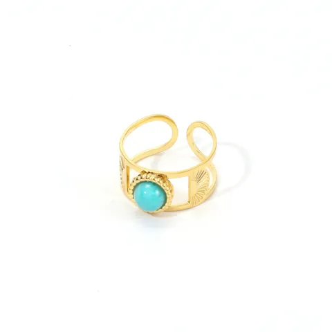 Vintage Stainless Steel 18K Gold Plated Natural Stone Adjustable Open Ring For Women Bohemian Hammered Hollow Jewelry Hand Ornament