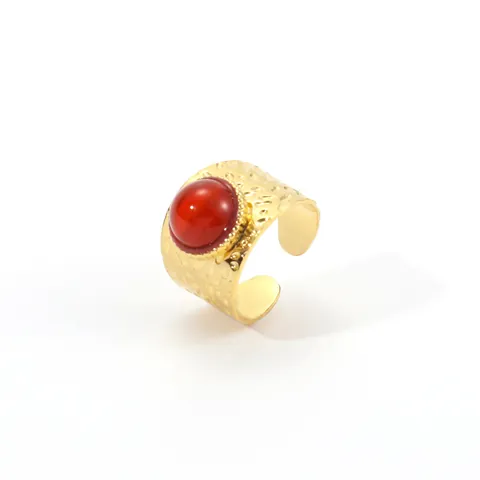 French Vintage Stainless Steel Hammered Wide Band Open Ring With Natural Stone For Women Gold Plated Adjustable Bohemian Jewelry