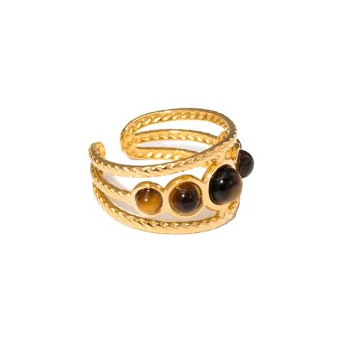 French 18K Gold Plated Stainless Steel Open Ring For Women Bohemian Vintage Natural Stone Inlaid Braided Adjustable Ring Jewelry