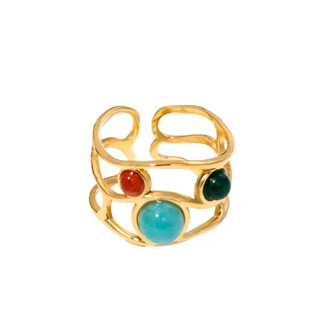 Französischer Stil 18K Vergoldeter Edelstahl Offener Ring Für Damen Minimalistisch Hohl Geometrisch Naturstein Verstellbar Fingerring Schmuck Geschenk