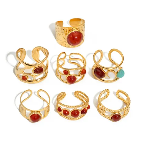 Vintage Stainless Steel Open Rings For Women 18K Gold Plated Natural Stone Geometric Adjustable Bohemian Fashion Finger Rings Jewelry