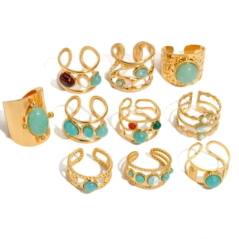 Vintage Stainless Steel 18K Gold Plated Natural Stone Adjustable Open Ring For Women Bohemian Hammered Hollow Jewelry Hand Ornament