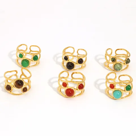 Französischer Stil 18K Vergoldeter Edelstahl Offener Ring Für Damen Minimalistisch Hohl Geometrisch Naturstein Verstellbar Fingerring Schmuck Geschenk