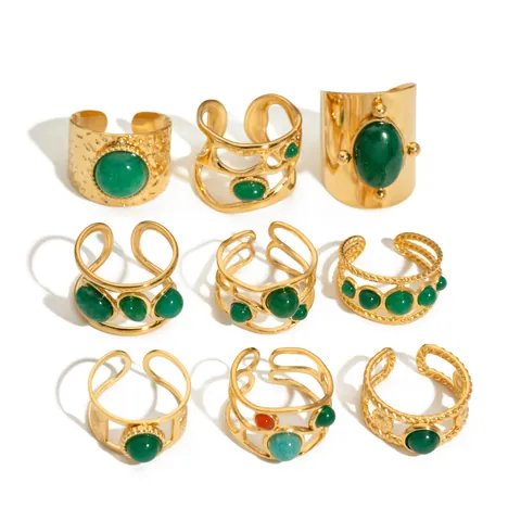 French Vintage Stainless Steel 18K Gold Plated Open Ring Natural Green Stone Geometric Adjustable Jewelry For Women