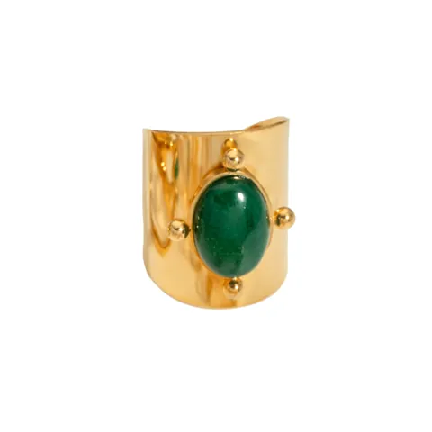 French Vintage Stainless Steel 18K Gold Plated Open Ring Natural Green Stone Geometric Adjustable Jewelry For Women