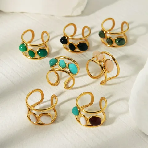 French Vintage Stainless Steel Natural Stone Open Ring For Women Gold Plated Adjustable Minimalist Summer Jewelry Gift