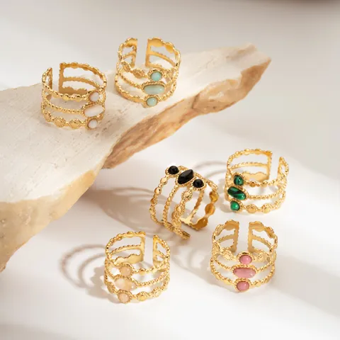 Vintage Edelstahl Mehrlagig Offener Ring Für Damen Bohemian Vergoldet Naturstein Eingelegt Verstellbarer Finger Schmuck