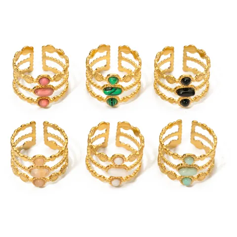 Vintage Edelstahl Mehrlagig Offener Ring Für Damen Bohemian Vergoldet Naturstein Eingelegt Verstellbarer Finger Schmuck