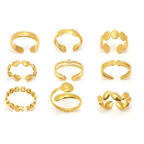Women 18K Gold Plated Stainless Steel Open Ring Minimalist Geometric Bamboo Heart Crown Zirconia Adjustable Jewelry Gift