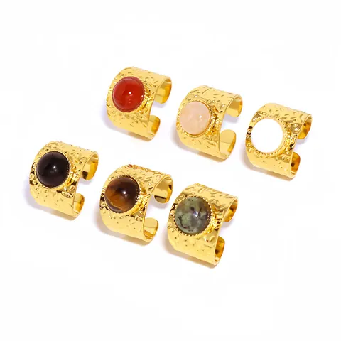 French Vintage Stainless Steel Hammered Wide Band Open Ring With Natural Stone For Women Gold Plated Adjustable Bohemian Jewelry