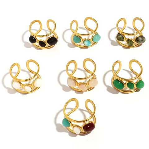 French Vintage Stainless Steel Natural Stone Open Ring For Women Gold Plated Adjustable Minimalist Summer Jewelry Gift