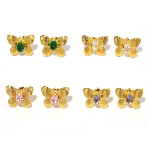 Stainless Steel 18K Gold Plated Butterfly Zirconia Inlaid Stud Earrings And Adjustable Open Ring For Women Jewelry Gift