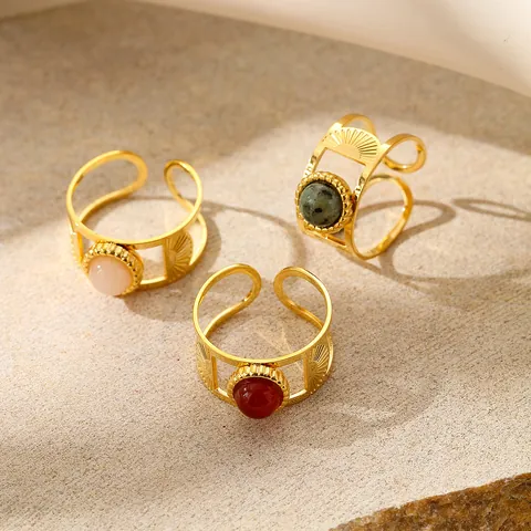 French Retro Stainless Steel 18K Gold Plated Open Ring For Women Bohemian Sunburst Pattern Geometric Adjustable Ring Jewelry