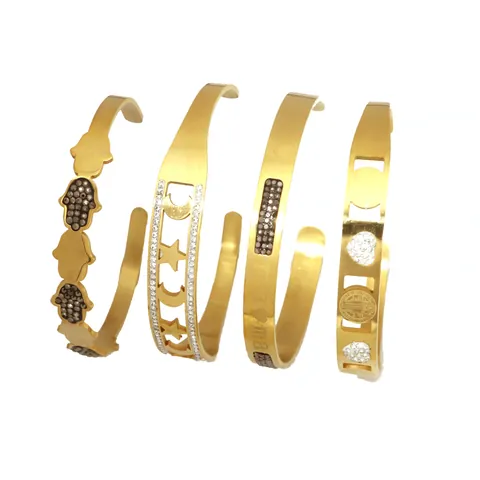 Vintage Gold Plated Stainless Steel Open Cuff Bracelet For Women Boho Hamsa Hand Star Moon Heart Rhinestone Inlaid Bangle