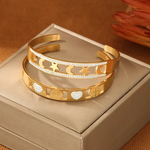 Vintage Gold Plated Stainless Steel Open Cuff Bracelet For Women Boho Hamsa Hand Star Moon Heart Rhinestone Inlaid Bangle