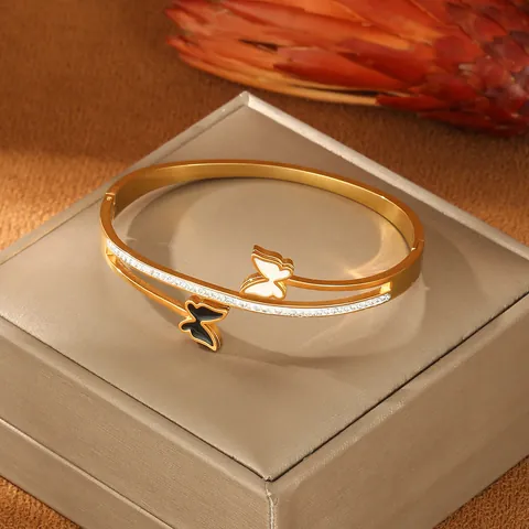 Luxury Stainless Steel Gold Plated Bangle Bracelet For Women Geometric Rhinestone Butterfly Religious Jesus Heart Hollow Jewelry