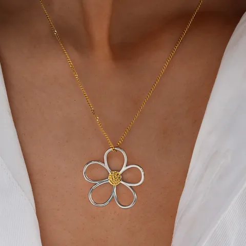 18K Vergoldet 304 Edelstahl Hohl Gänseblümchen Blume Anhänger Halskette Für Damen Minimalismus Floral Zweifarbig Sommer Schmuck