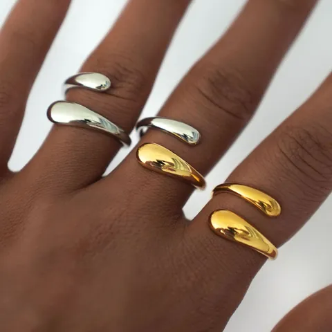 Modern 304 Stainless Steel Teardrop Geometric Open Ring For Women PVD Gold Plated Adjustable Fluid Line Finger Ring Jewelry