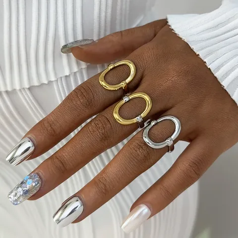 Minimalist Stainless Steel Geometric Hollow Open Ring Adjustable Oval Chain Link Gold Silver Finger Ring Jewelry For Women