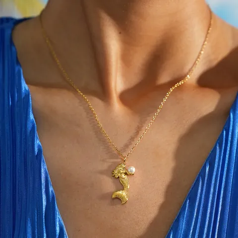 Elegantes Meerjungfrau Edelstahl Schmuckset 18K Vergoldet Süßwasserperle Anhänger Halskette Und Verstellbarer Offener Ring Für Damen