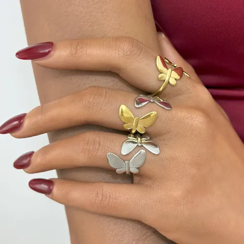 Women Fashion 304 Stainless Steel Butterfly Ring Minimalist PVD Gold Plated Open Adjustable Jewelry Finger Ring