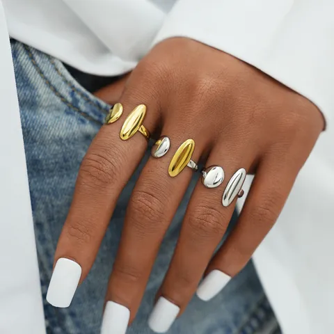 Minimalistischer 304 Edelstahl Offener Ring Für Damen Geometrisches Oval PVD Vergoldet Verstellbarer Modischer Schmuck