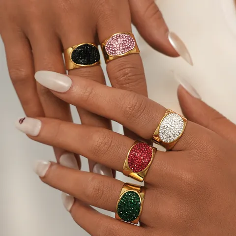 Luxury PVD Gold Plated 304 Stainless Steel Geometric Oval Open Ring Colorful Rhinestone Inlaid Waterproof Elegant Jewelry For Women