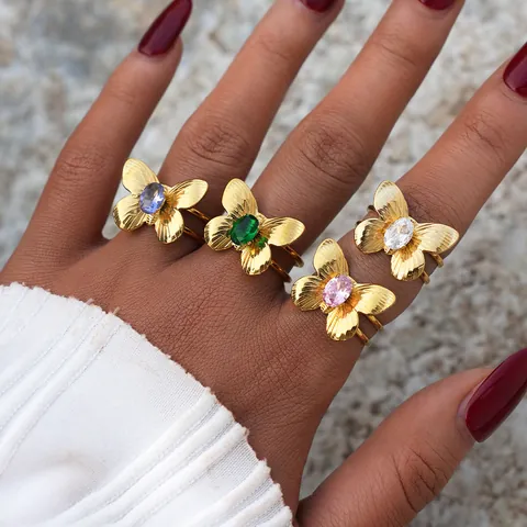 304 Stainless Steel Butterfly Adjustable Open Ring With Zirconia Gold Plated Minimalist Luxury Finger Jewelry For Women Gift