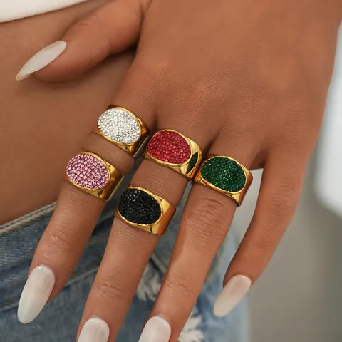 Luxury PVD Gold Plated 304 Stainless Steel Geometric Oval Open Ring Colorful Rhinestone Inlaid Waterproof Elegant Jewelry For Women