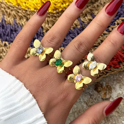 304 Stainless Steel Butterfly Adjustable Open Ring With Zirconia Gold Plated Minimalist Luxury Finger Jewelry For Women Gift