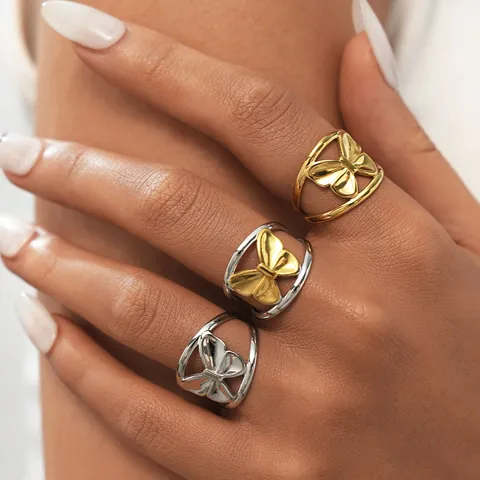 Nischendesign 3D Schmetterling Edelstahl Offener Ring Für Damen Gold Silber Zweifarbig Hohl Verstellbarer Fingerring Schmuck