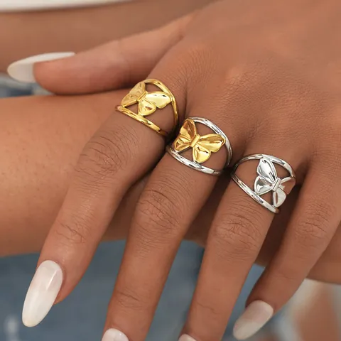 Nischendesign 3D Schmetterling Edelstahl Offener Ring Für Damen Gold Silber Zweifarbig Hohl Verstellbarer Fingerring Schmuck