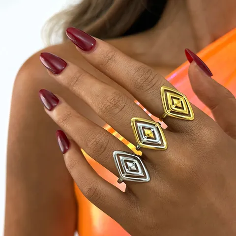 304 Stainless Steel Hollow Rhombus Open Ring PVD Gold Silver Plated Geometric Statement Finger Ring For Men Women Jewelry