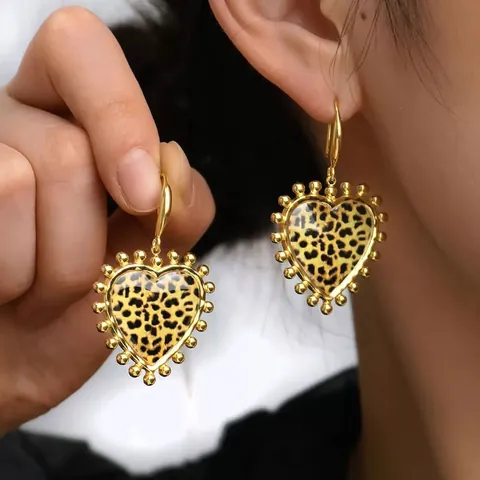 Leopard Print Jewelry Set Stainless Steel Gold Plated Open Rings Heart Earrings Sea Star Necklace For Women Party Fashion Accessories