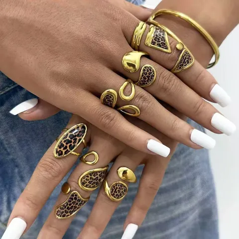Leopard Print Jewelry Set Stainless Steel Gold Plated Open Rings Heart Earrings Sea Star Necklace For Women Party Fashion Accessories