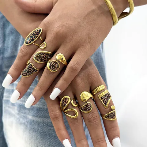 Vintage Stainless Steel Leopard Print Open Ring For Women Gold Plated Geometric Adjustable Statement Jewelry Fashion Finger Ring