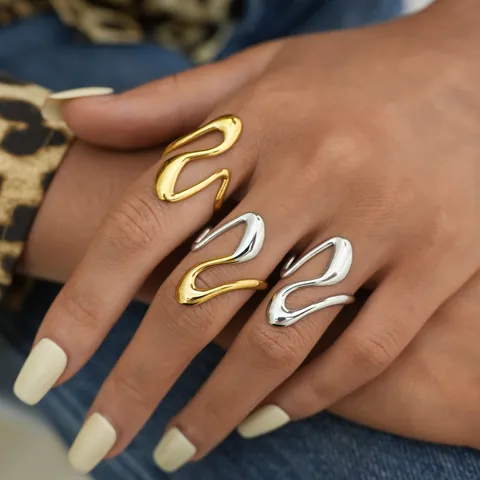 Minimalist 304 Stainless Steel Wave Open Ring For Women Liquid Metal Geometric Adjustable Gold Silver Plated Fashion Statement Finger Jewelry