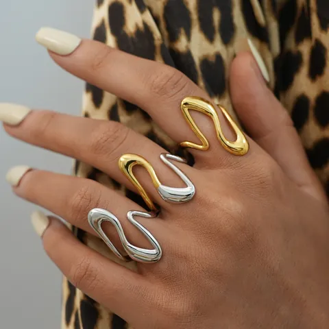 Minimalist 304 Stainless Steel Wave Open Ring For Women Liquid Metal Geometric Adjustable Gold Silver Plated Fashion Statement Finger Jewelry