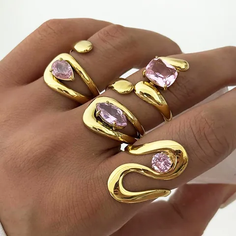 Geometric 304 Stainless Steel Pink Zirconia Open Ring For Women Gold Plated Adjustable Waterdrop Oval Square Round Jewelry