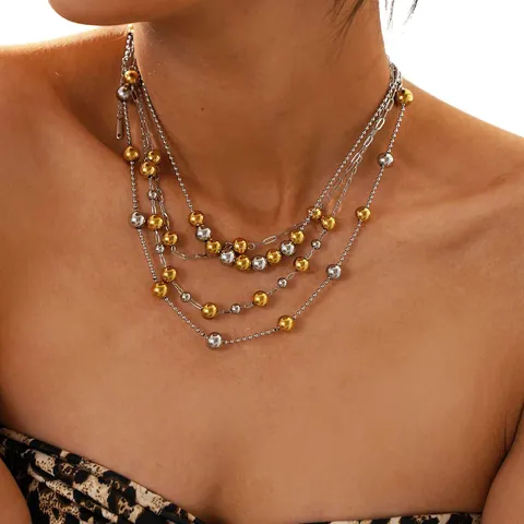 Women Vintage 304 Stainless Steel Beaded Necklace Mixed Gold Silver PVD Plated Minimalist Ball Chain Jewelry Sweater Chain Gift