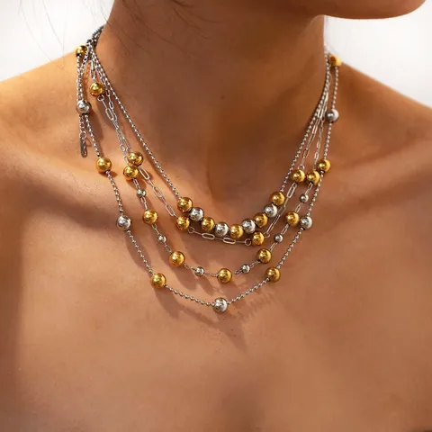 Women Vintage 304 Stainless Steel Beaded Necklace Mixed Gold Silver PVD Plated Minimalist Ball Chain Jewelry Sweater Chain Gift