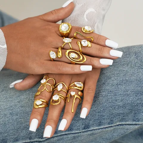 Vintage 304 Stainless Steel Gold Plated Zirconia Open Rings For Women Minimalist Irregular Geometric Finger Ring Fashion Jewelry Gift