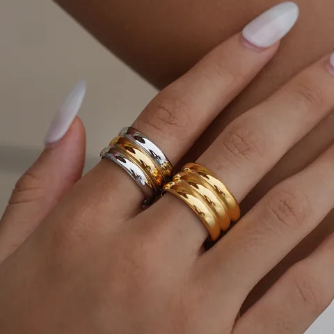 Minimalist 304 Stainless Steel Wide Ring For Women Men Gold Silver Mixed Multi Layer Wave Textured Finger Ring Jewelry