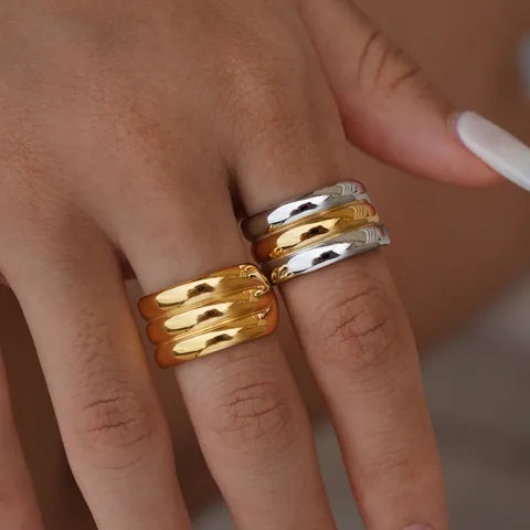 Minimalist 304 Stainless Steel Wide Ring For Women Men Gold Silver Mixed Multi Layer Wave Textured Finger Ring Jewelry
