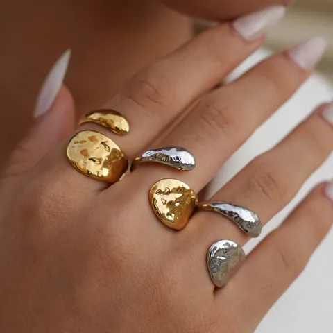 Minimalist 304 Stainless Steel Open Ring For Women Gold Silver Plated Hammered Texture Irregular Adjustable Jewelry Finger Ring