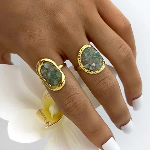 Anello in Acciaio Inossidabile di Nicchia Francese Pietra Naturale Verde Placcato Oro Martellato Anello Geometrico per Donna Gioielli Regalo