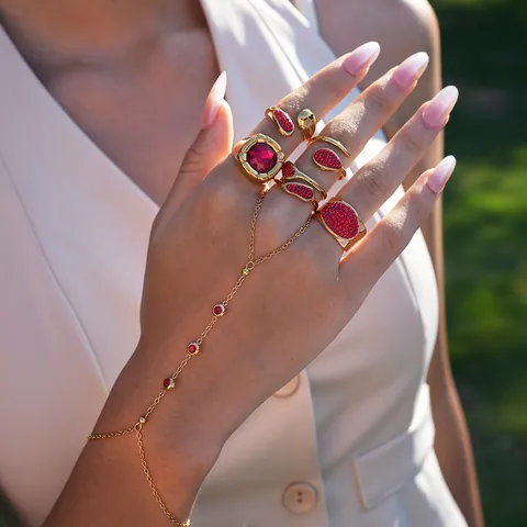 PVD Gold Plated 304 Stainless Steel Red Zircon Ring For Women Vintage Bohemian Rhinestone Open Adjustable Finger Bracelet Jewelry